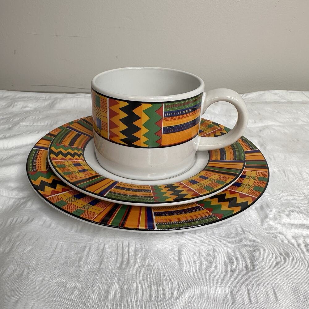 Sakura Ashanti Sue Zipkin Vintage 1993 Cup Saucer Dessert Plate Colorful 